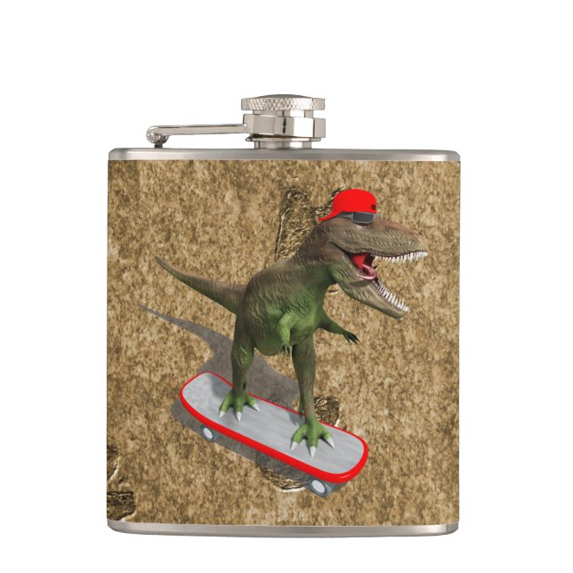 Skateboarding T-Rex Flachmann (Vorderseite)
