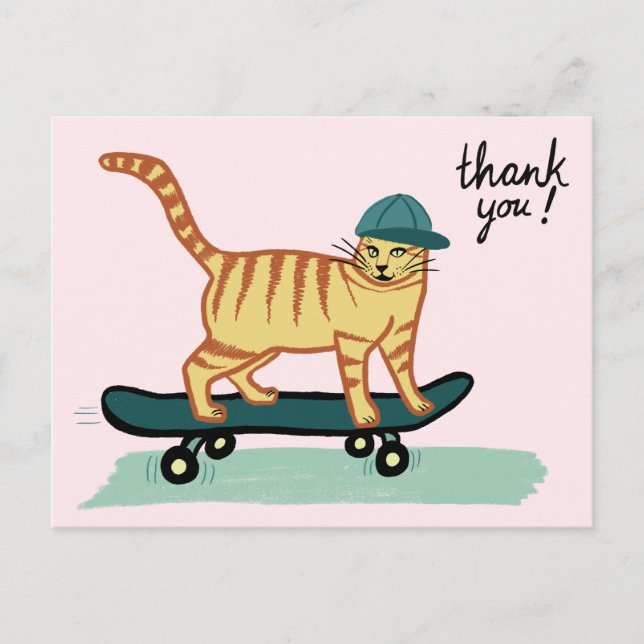 Skateboarding Tabby Cat DANKE Postkarte (Vorderseite)