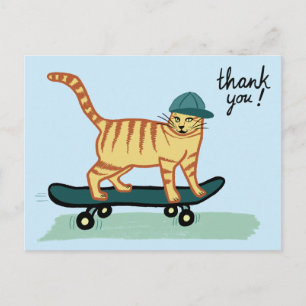 Skateboarding Tabby Cat DANKE Postkarte