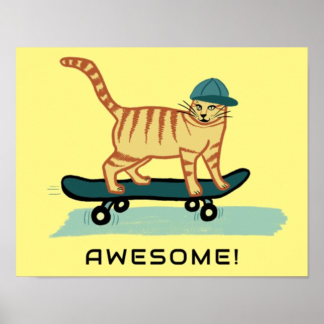 Skateboarding Tabby Cat Niedlich CUSTOM TEXT Kinde Poster (Vorne)