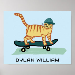 Skateboarding Tabby Cat Niedlich INDIVIDUELLE NAME Poster