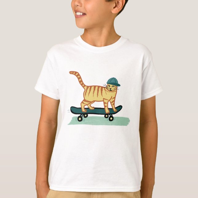Skateboarding Tabby Cat Niedlich T-Shirt (Vorderseite)