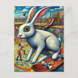 Skateboarding White Rabbit farbenfroher Spaß Surre Postkarte