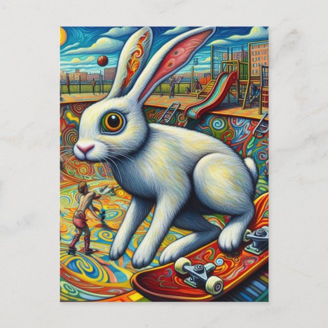 Skateboarding White Rabbit farbenfroher Spaß Surre Postkarte (Vorderseite)