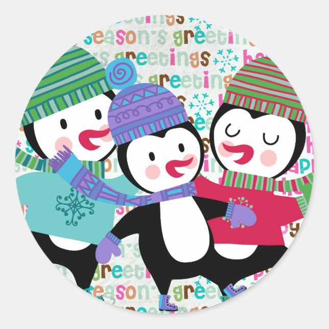 Skaten Penguins Holiday Round Sticker (Vorderseite)