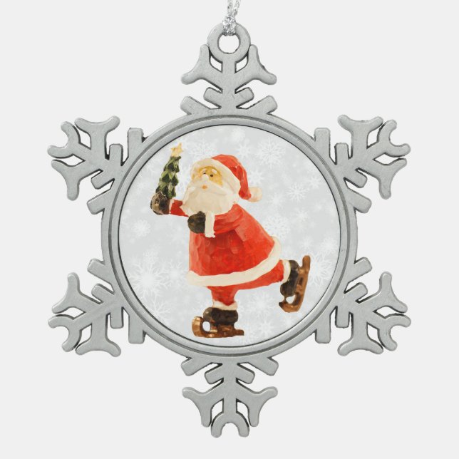 Skaten Santa mit Baum Schneeflocken Zinn-Ornament (Vorderseite)