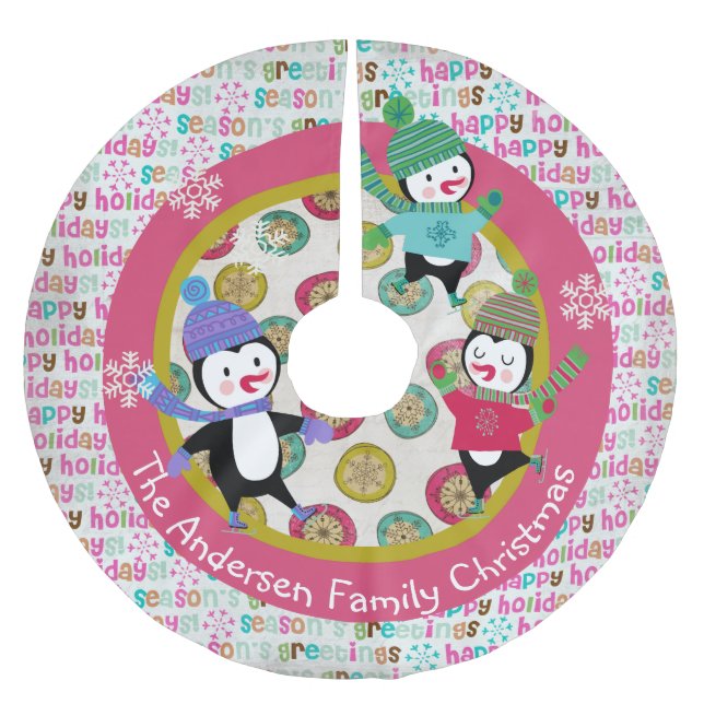 Skatenpenguins-personalisierter Polyester Weihnachtsbaumdecke (Vorderseite)