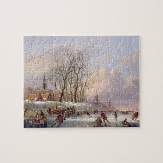 Skater auf einem gefrorenen Fluss vor Windmühlen Puzzle (Horizontal)