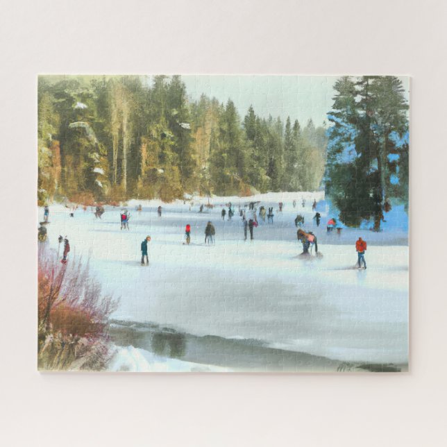 Skater auf einem Teich Wasserfarbener Winter Lands Puzzle (Horizontal)