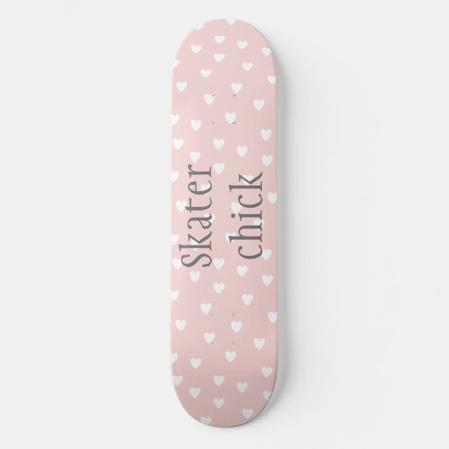 Skater Chick | Rosa Rosa mit weißen Herzmädchen Skateboard (Vorderseite)