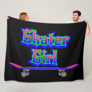 Skater Girl Blau Rosa Graffiti Glow Skateboard Fleecedecke