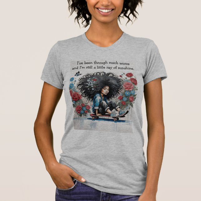 Skater Girl with Afro "Little Ray of Sunshine" T-Shirt (Vorderseite)