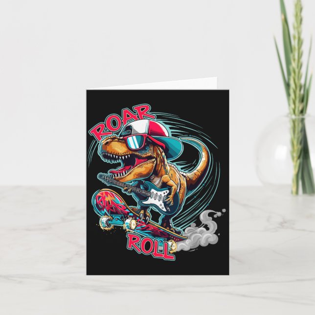 Skater Guitar T-rex Roar Roll Dinosaur For Boys Me Karte (Vorderseite)