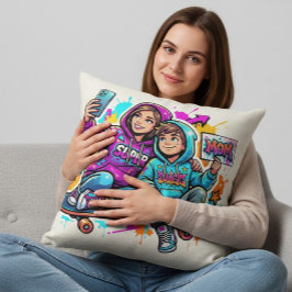 Skater Mom & Son: Vibrant Graffiti Art Pillow Kissen