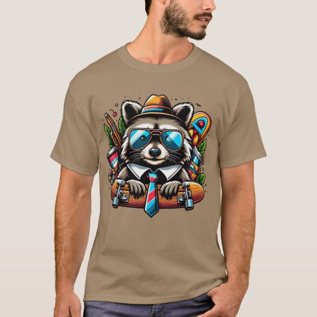 Skater Raccoon Cooles Tier mit Rucksack und Haut T-Shirt (Vorderseite)