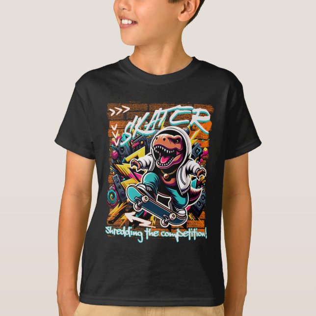 Skater Shredding The Competition! Kids Funny T-rex T-Shirt (Vorderseite)