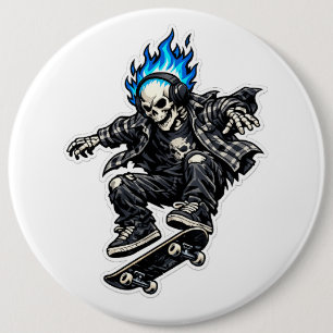 Skater-Skelett mit blauer Flamme-Haar-Sticker Button