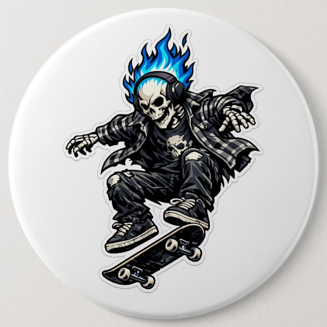 Skater-Skelett mit blauer Flamme-Haar-Sticker Button (Vorderseite)