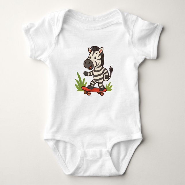 Skater Zebra Baby T-Shirt Jungle Cool auf Rädern! Baby Strampler (Vorderseite)