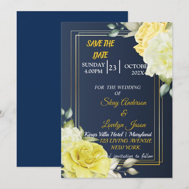 Skaymarts | Einzigartiges Navy Blue Floral Save th Save The Date (Vorne/Hinten)