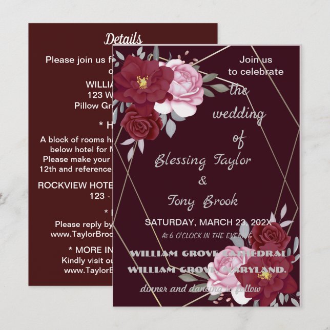 Skaymarts | Maroon Elegant Calligraphic Wedding I Einladung (Vorne/Hinten)