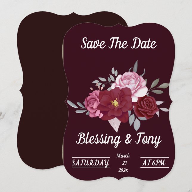 Skaymarts | Maroon Red Floral Save the Date (Vorne/Hinten)