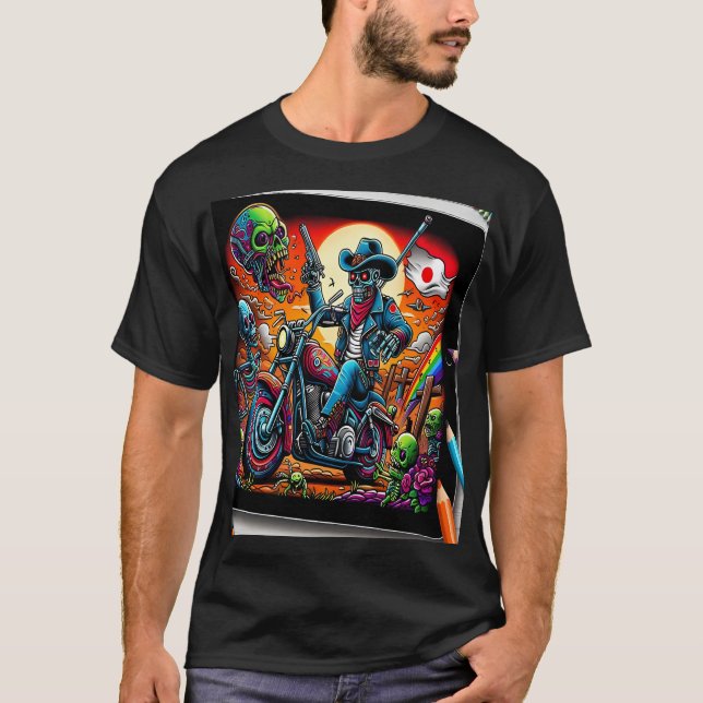 Skeletal Knight on Bike in Zombie Apocalypse T-Shirt (Vorderseite)