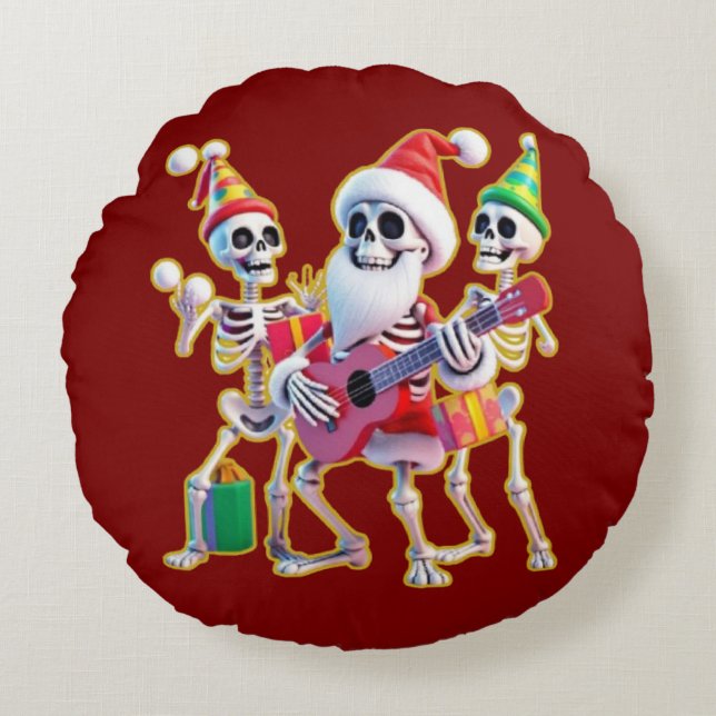 **Skeleton 3D Christm Santa Party – Funnyas Skelet Rundes Kissen (Vorderseite)