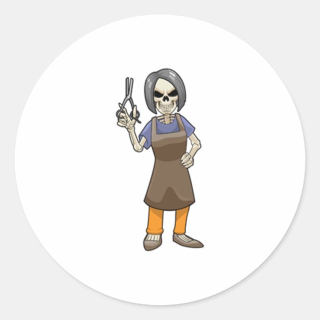 Skeleton as Hairdresser with Scissors Runder Aufkleber (Vorderseite)