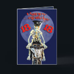 Skeleton Biker 18th birthday card Karte<br><div class="desc">Ein Skelett,  das auf einem Hahn fährt und eine Zigarette raucht. Innen ist ein Bild eines Schädels und eines spukhaften Verses. Eine sehr spukhafte Geburtstagskarte.</div>