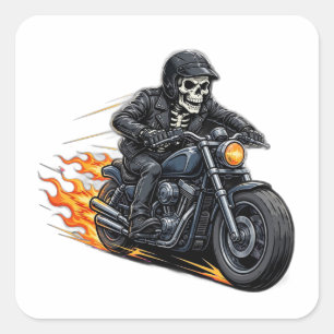 Skeleton-Biker-Aufkleber - Flammendes Motorrad-Sch Quadratischer Aufkleber