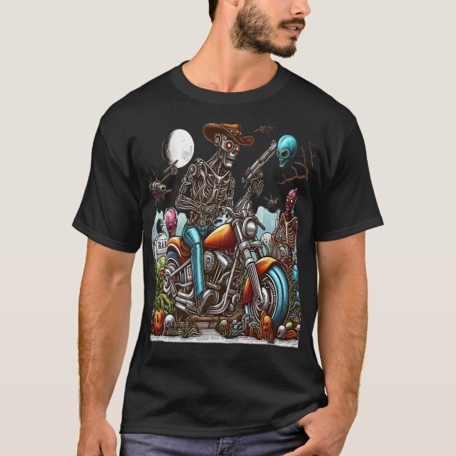 Skeleton Biker in Post-Apocalyptic World T-Shirt (Vorderseite)