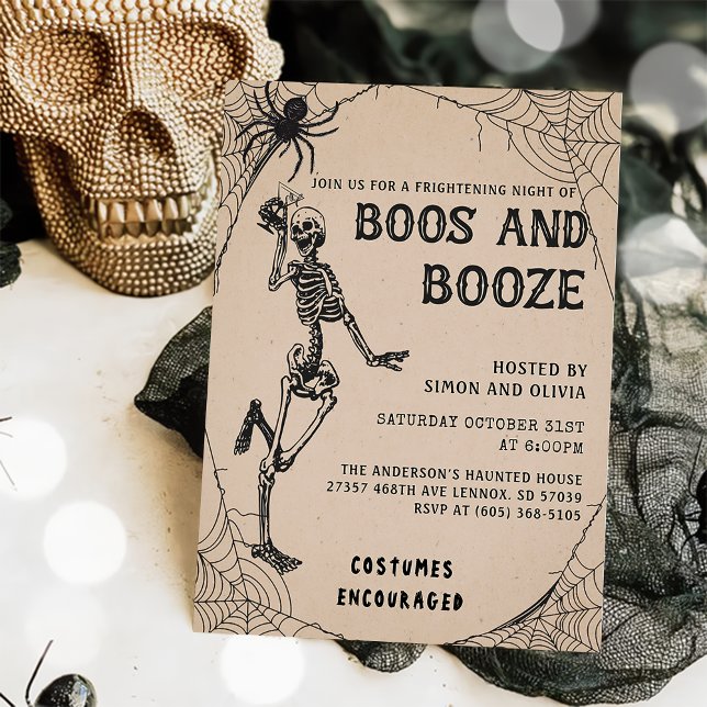 Skeleton Boos & Booze Adult Halloween-Party Einladung (Von Creator hochgeladen)
