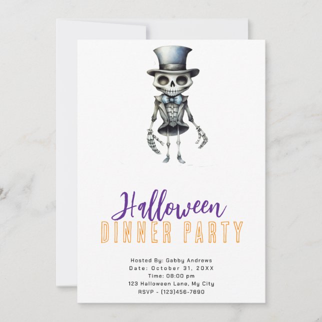 Skeleton Bow Krawatte Top Hat Halloween Abendessen Einladung (Vorderseite)