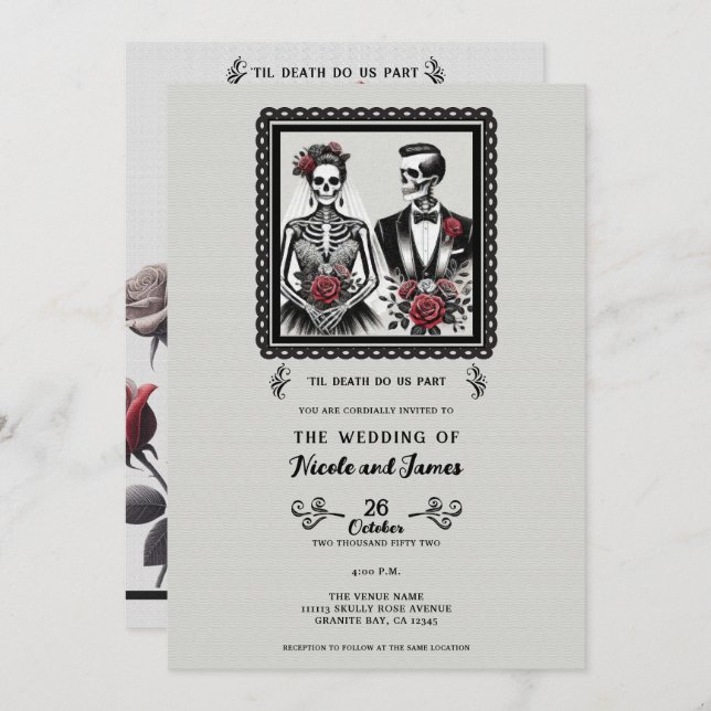 Skeleton Bride & Groom Couple Gray Floral Wedding Einladung (Vorne/Hinten)