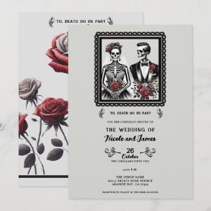 Skeleton Bride & Groom Couple Gray Floral Wedding Einladung