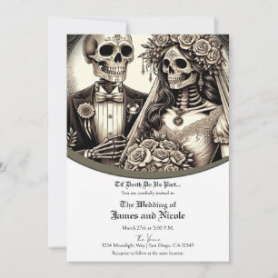 Skeleton Bride & Groom White Tan Wedding Einladung