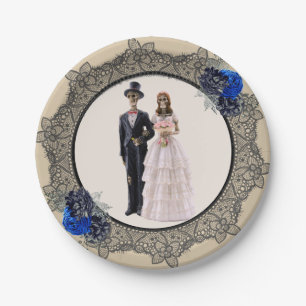 Skeleton Bridge und Groom Black Lace Blue Rose Pappteller