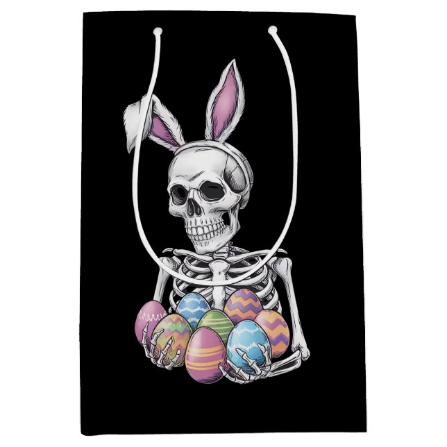 Skeleton Bunny Holding Ostereier Funny Rabbit Mittlere Geschenktüte (Vorderseite)