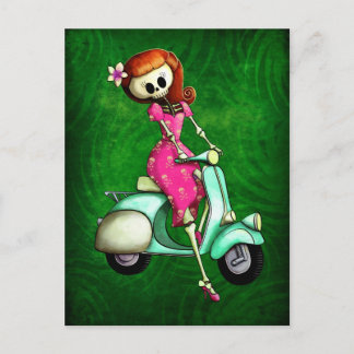 Skeleton Button Up Girl on Scooter Postkarte