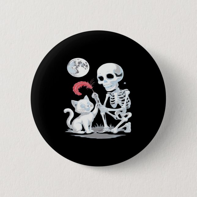 Skeleton Cat Halloween Funny Niedlich Spooky Essen Button (Vorderseite)