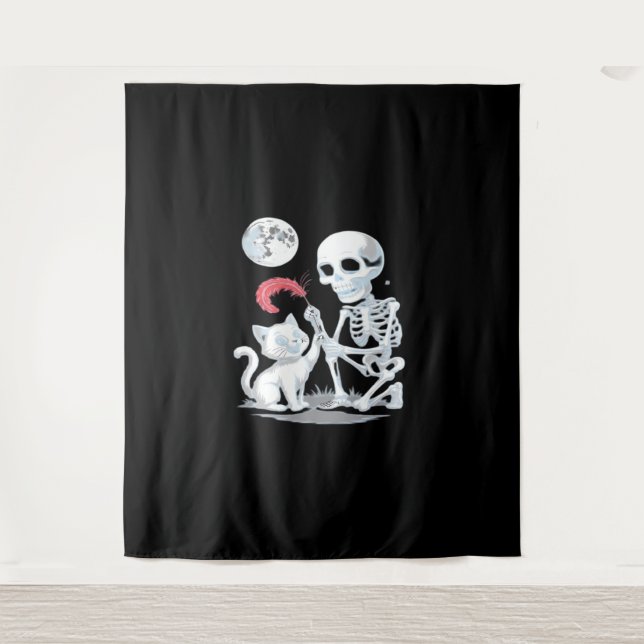 Skeleton Cat Skull Kitty Niedlich Halloween Design Wandteppich (Vorderseite)