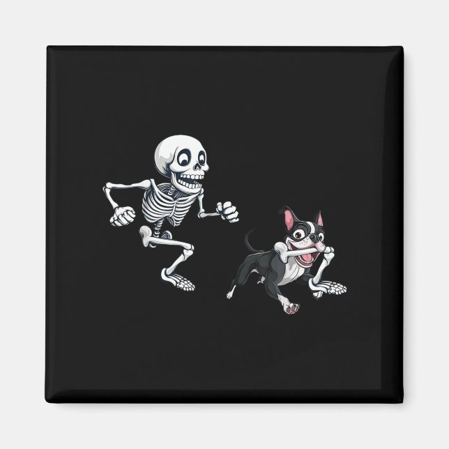 Skeleton Chasing Dog Boston Terrier Halloween Pet Magnet (Vorne)