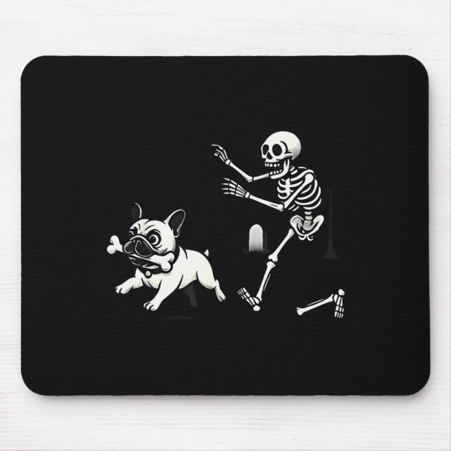 Skeleton Chasing French Bulldog Biting Leg Bone Ha Mousepad (Vorne)
