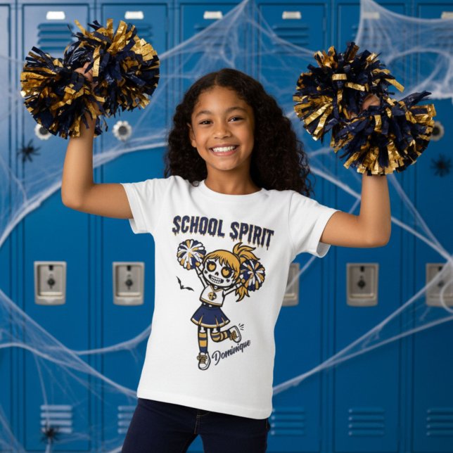 Skeleton Cheerleader Halloween School Spirit T-Shirt (Cheer in spooky style with this Skeleton Cheerleader Halloween School Spirit T-Shirt in Navy & Gold)