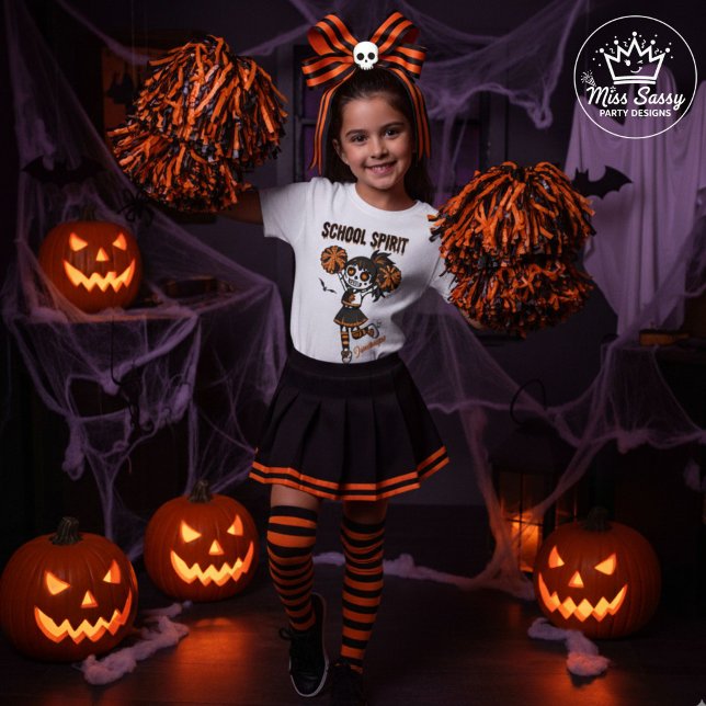 Skeleton Cheerleader Halloween School Spirit T-Shirt (Spooky cheer spirit meets Halloween fun with this skeleton cheerleader tee perfect for school pride!)