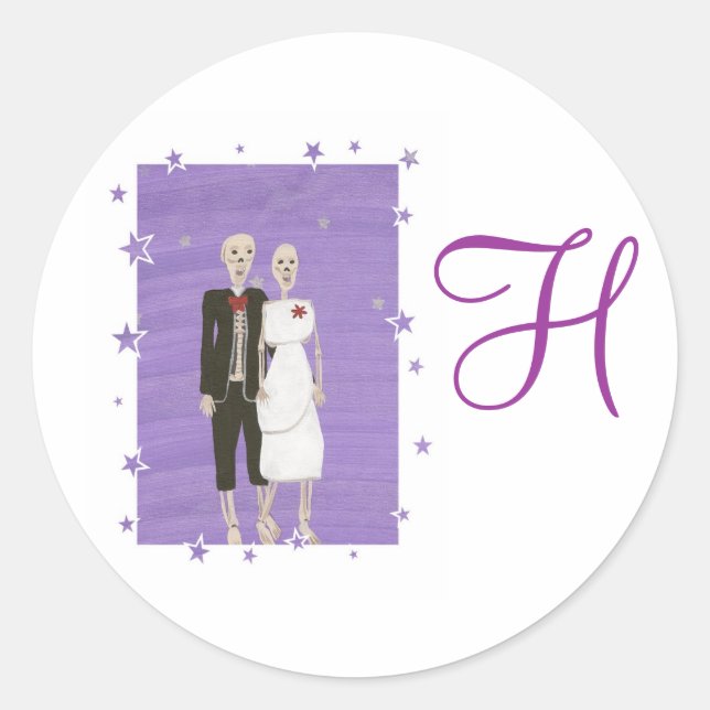 Skeleton Couple Monogram Wedding Siegel Runder Aufkleber (Vorderseite)