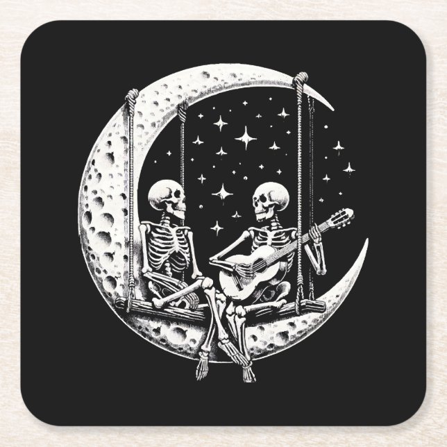 Skeleton Couple Moon Guitar Rechteckiger Pappuntersetzer (Vorderseite)