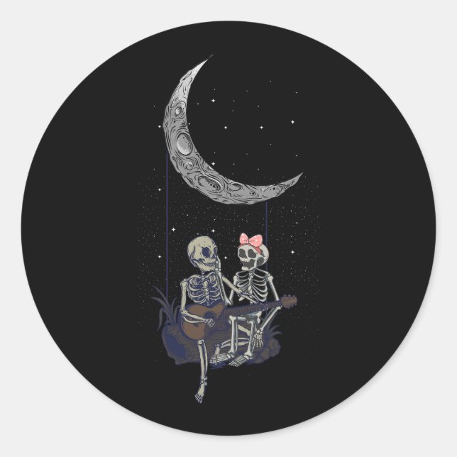 Skeleton Couple Moon Swing Playing Gitarre Hallowe Runder Aufkleber (Vorderseite)