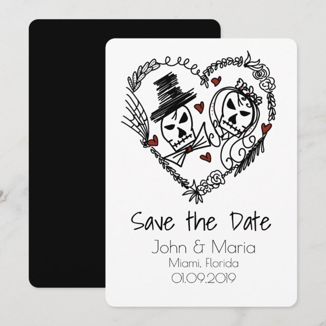 Skeleton Couple Wreath Heart Doodle Save the Date Einladung (Vorne/Hinten)